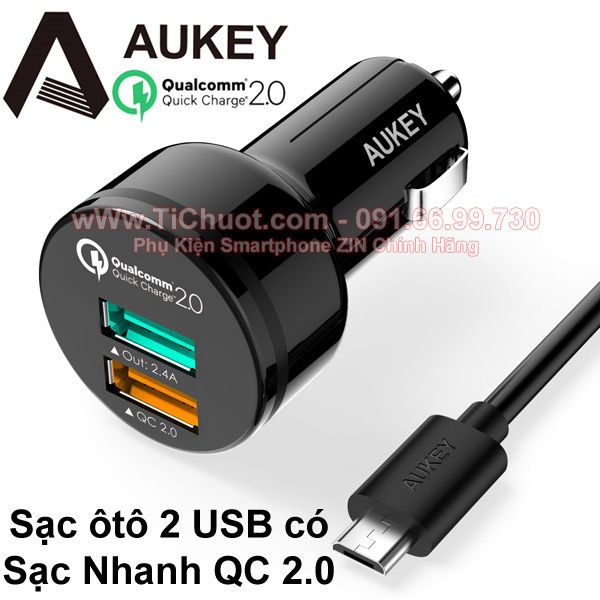 Sạc xe hơi AUKEY CC-T1 Sạc nhanh QC 2.0 có 2 cổng USB