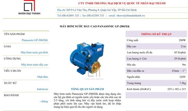 Thông số kỹ thuật máy bơm đẩy cao Panasonic GP-200JXK