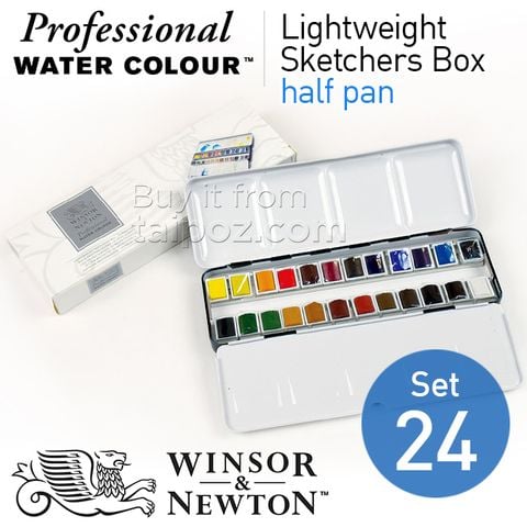 Màu nước Winsor & Newton half pan, Lightweight Sketchers Box 24