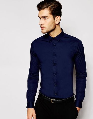 ASOS Skinny Fit Shirt In Navy With Long Sleeves
