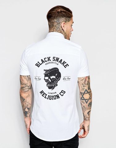Religion Short Sleeve Shirt with Black Snake Print