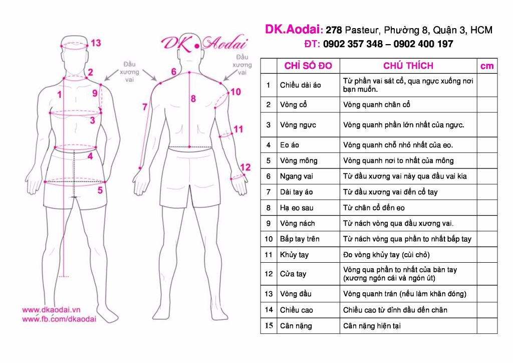 BẢNG HƯỚNG DẪN ĐO ÁO DÀI NAM