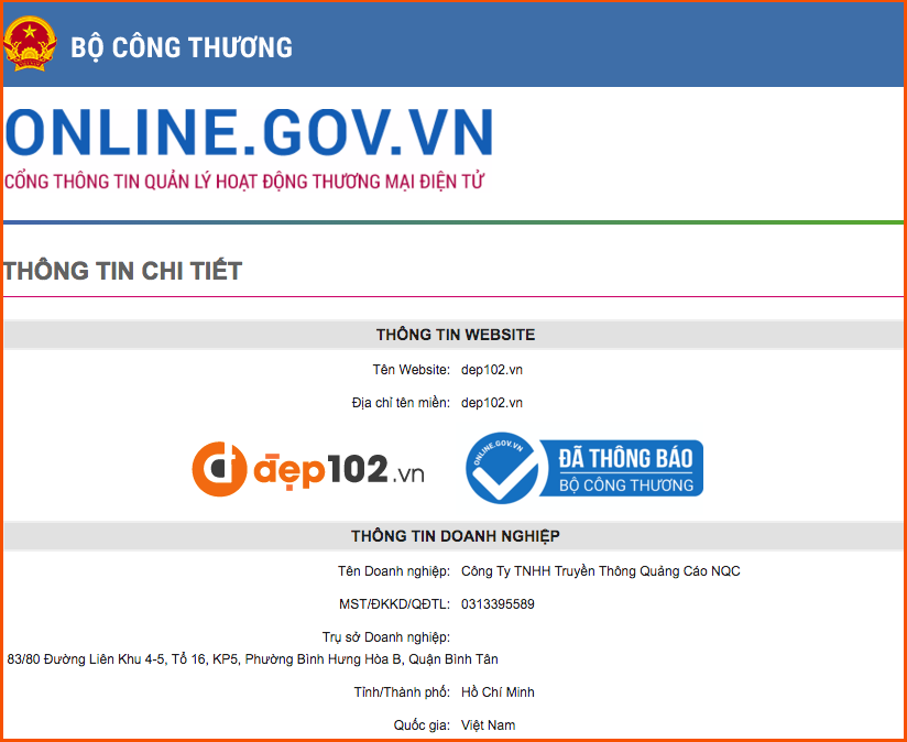 Shop thời trang Đẹp 102 được chứng thực bởi Bộ Công Thương