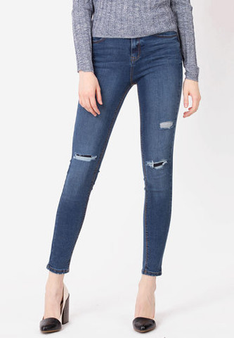 Quần jeans cạp cao New Look màu xanh jean ống côn rách gối