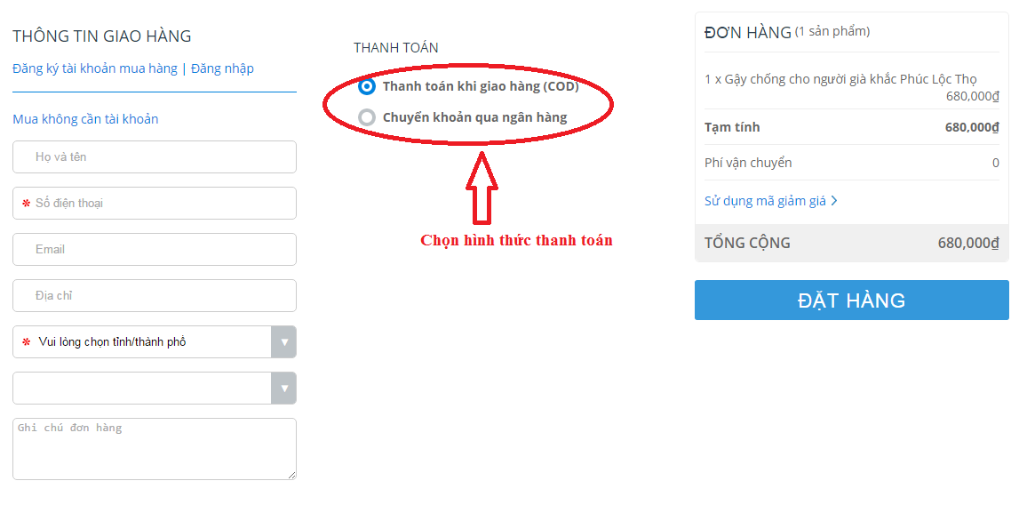 chọn hình thức thanh toán