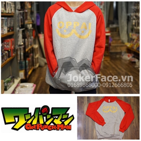 Áo Hoodie Oppai Đỏ Xám - One Punch Man