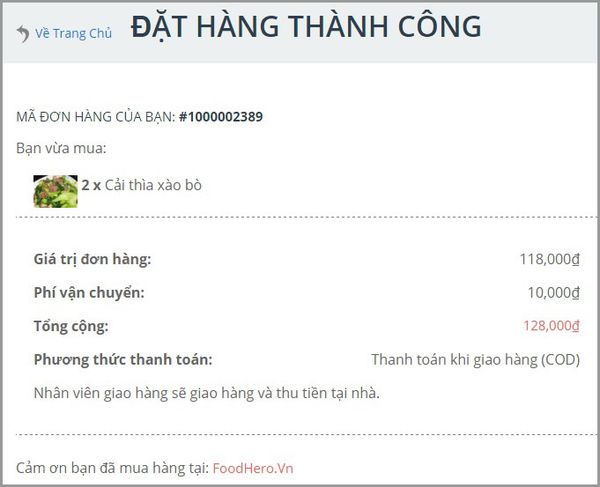 đặt món thành công