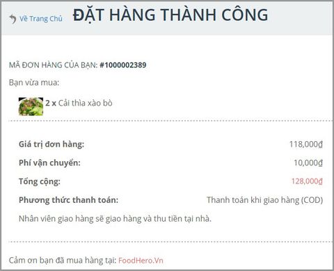 đặt món online thành công