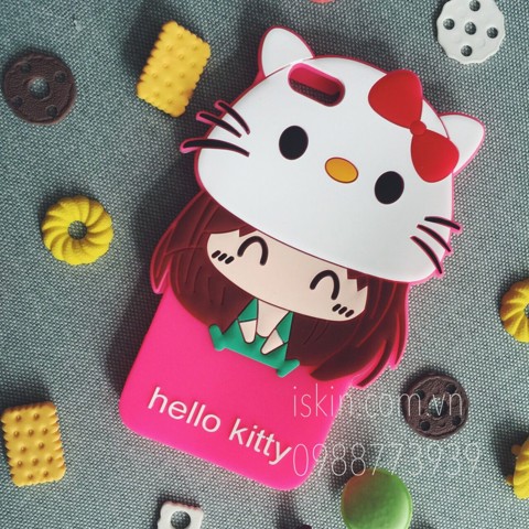 Ốp lưng Iphone 5/5s Chibi đội nón Hello Kitty dễ thương - Silicon dẻo nổi, đẹp, Giá Rẻ, TpHcm