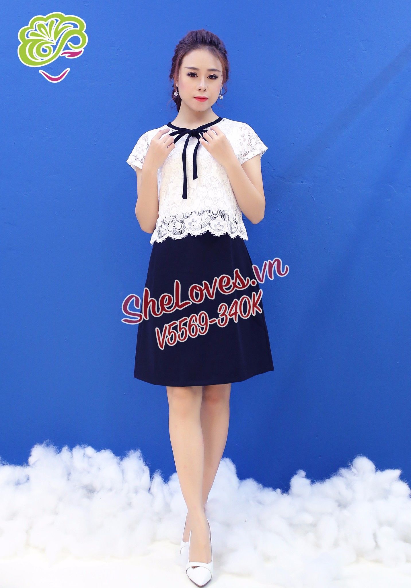 Váy form A viền cổ thắt nơ vạt lửng