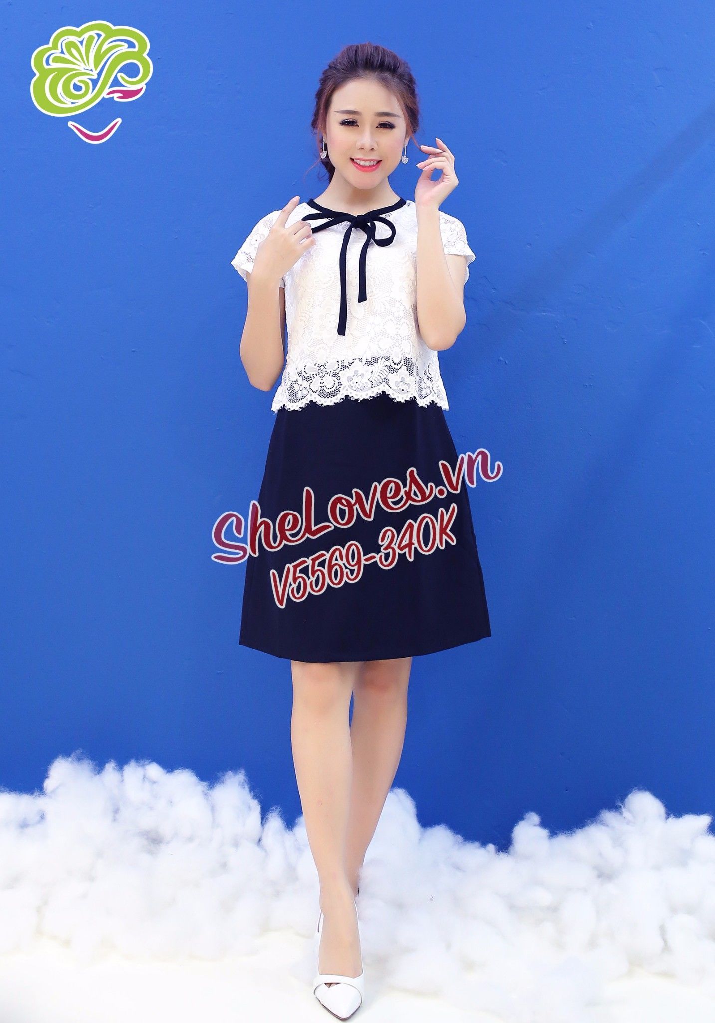 Váy form A viền cổ thắt nơ vạt lửng