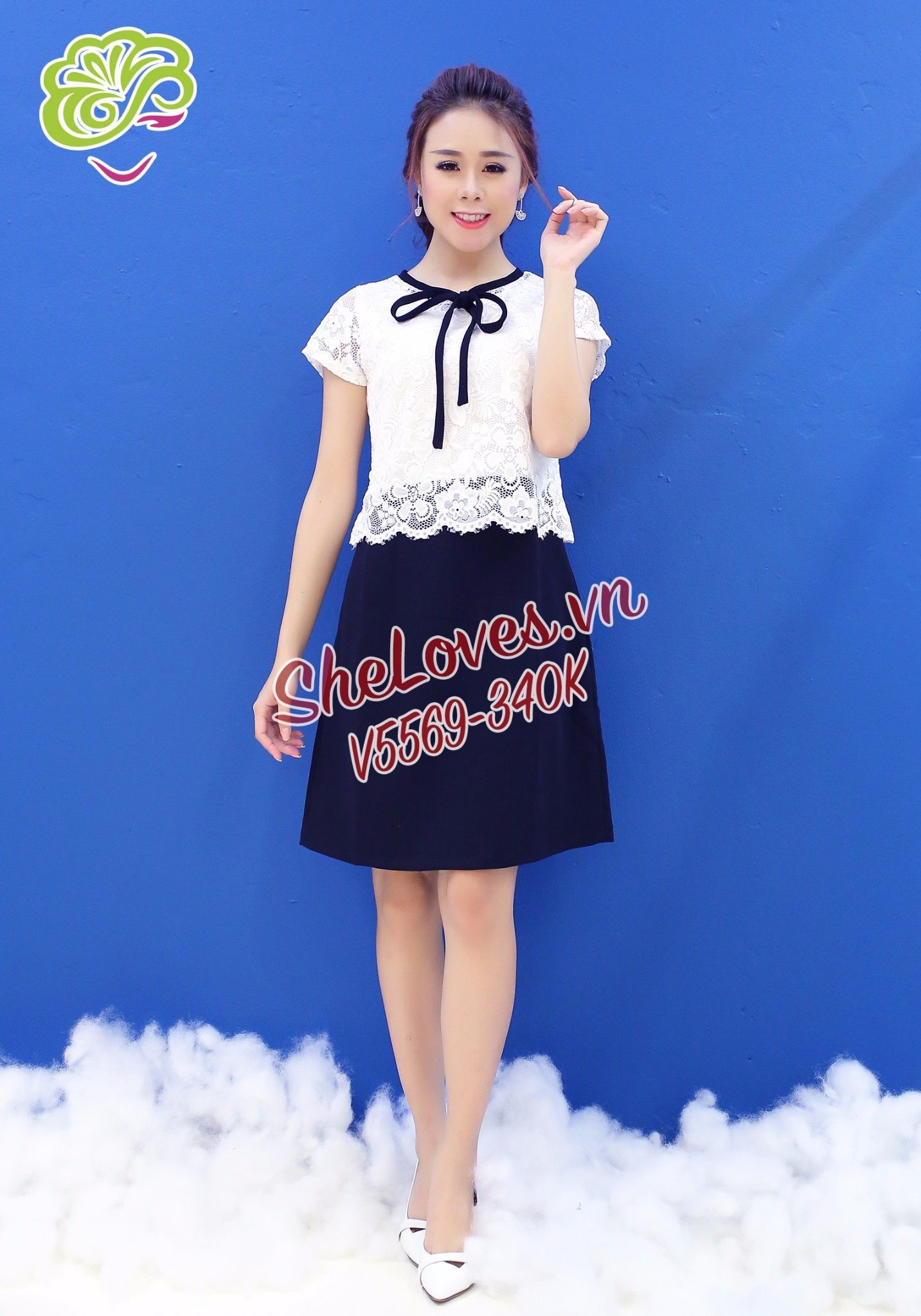 Váy form A viền cổ thắt nơ vạt lửng