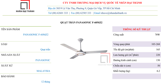 Thông số kỹ thuật quạt trần Panasonic F-60MZ2