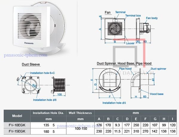 Sơ đồ cấu tạo và kích thước Quạt hút có nắp che mưa Panasonic
