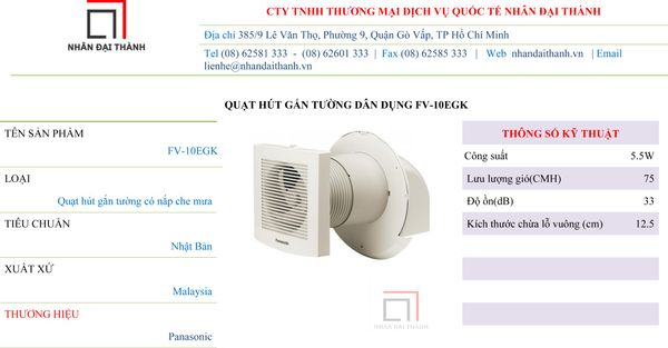 Thông số kỹ thuật Quạt hút gắn tường dân dụng Panasonic FV-10EGK