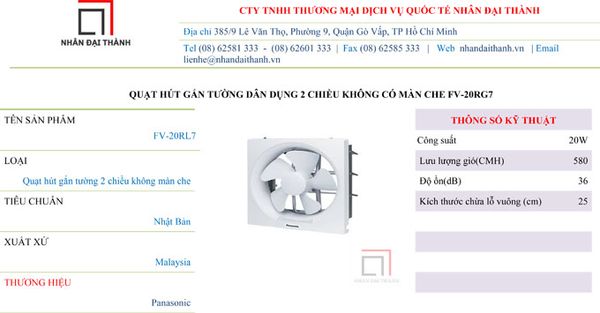Thông số kỹ thuật Quạt hút gắn tường dân dụng Panasonic FV-20RG7