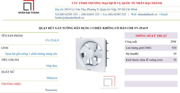 Thông số kỹ thuật Quạt hút gắn tường dân dụng Panasonic FV-25AU9