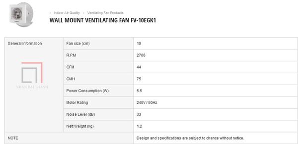 Thông số chung Quạt hút gắn tường dân dụng Panasonic FV-10EGK