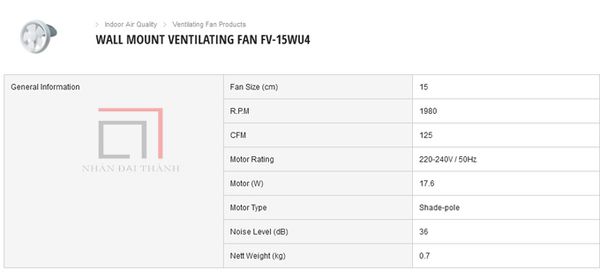 Thông số chung Quạt hút gắn tường dân dụng Panasonic FV-15WU4