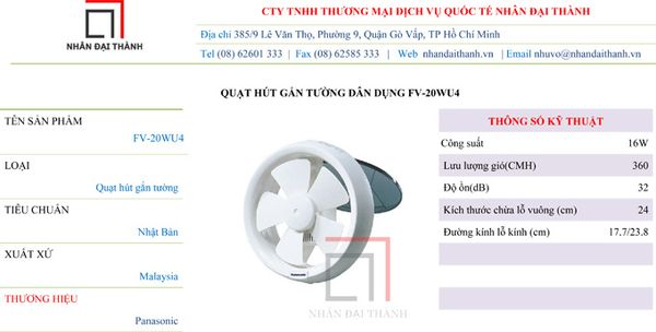 Thông số kỹ thuật Quạt hút gắn tường dân dụng Panasonic FV-20WU4