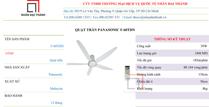 Thông số kỹ thuật Quạt trần Panasonic F-60TDN