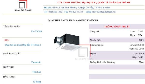 Thông số kỹ thuật Quạt hút âm trần Panasonic FV-27CH9