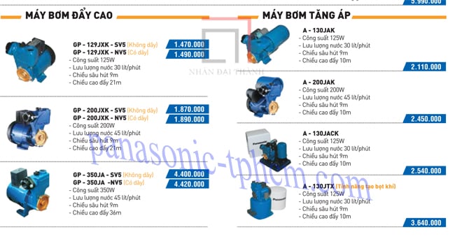 Catalogue sản phẩm cùng loại máy bơm tăng áp Panasonic