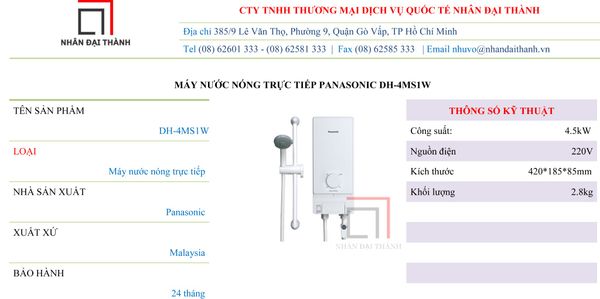 Thông số kỹ thuật máy nước nóng trực tiếp Panasonic DH-4MS1VW