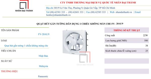 Thông số kỹ thuật Quạt hút gắn tường dân dụng Panasonic FV-20AU9