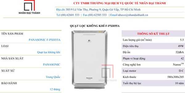 Thông số kỹ thuật Máy lọc không khí Panasonic F-PXH55A