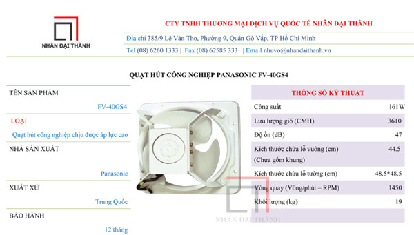 Thông số kỹ thuật quạt hút công nghiệp Panasonic FV-40GS4