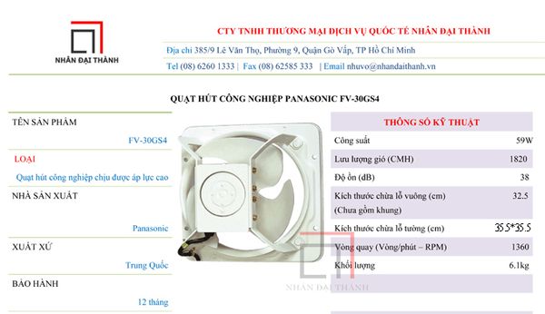 Thông số kỹ thuật quạt hút công nghiệp Panasonic FV-30GS4