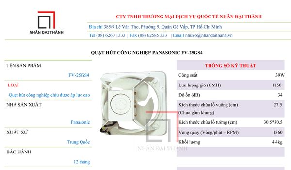 Thông số kỹ thuật quạt hút công nghiệp Panasonic FV-25GS4