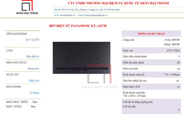Thông số kỹ thuật bếp điện từ Panasonic KY-A227D