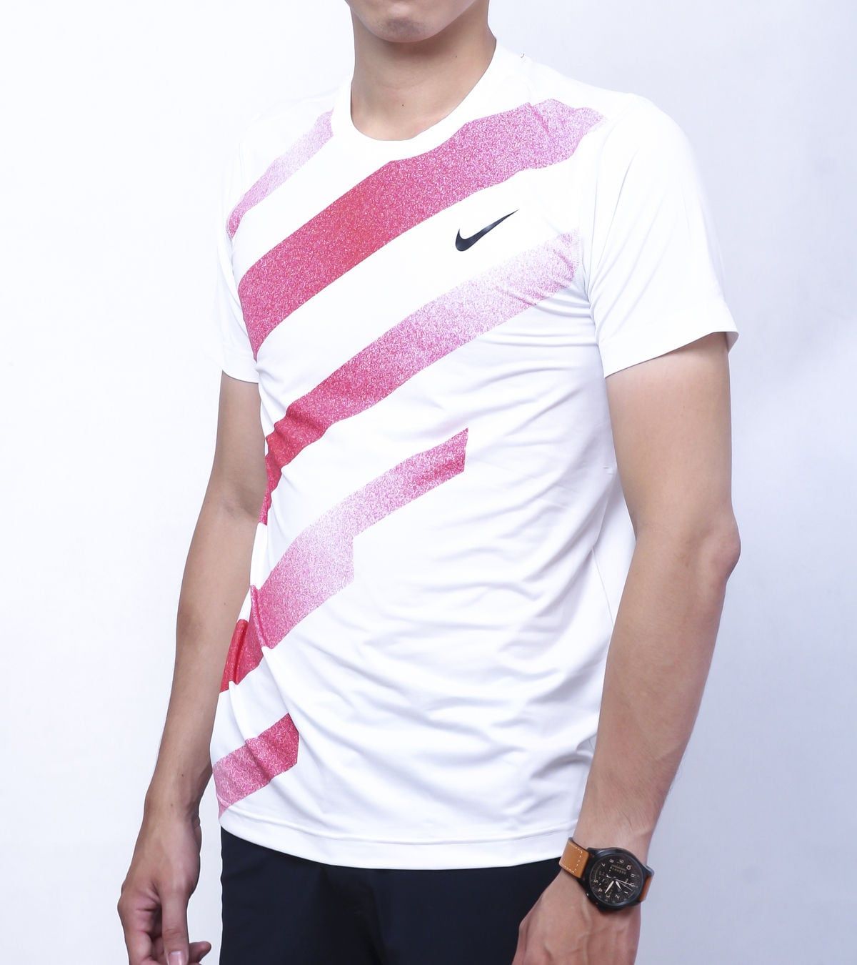  Nike - Áo Thun Thể Thao Nam DRI - FIT Sọc (Trắng Phối Hồng) 