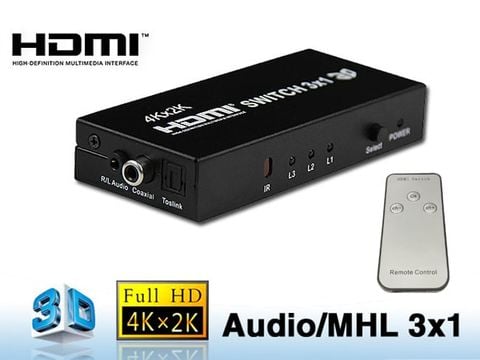 Bộ chuyển mạch HDMI 3x 1 4K 30Hz Audio SPDIF Coaxial 3.5mm có điều khiển