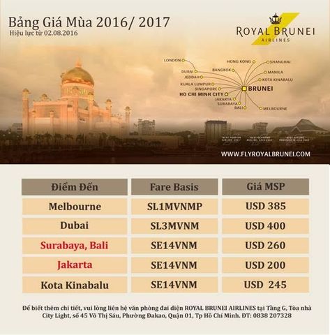 Hãng hàng không Royal Brunei Airlines ( Bỉ ) triển khai chương trình :“ BẢNG GIÁ MÙA HÈ 2016/2017 “  ÁP DỤNG TỪ NGÀY 02/08/2016 Giá chỉ từ 245 USD