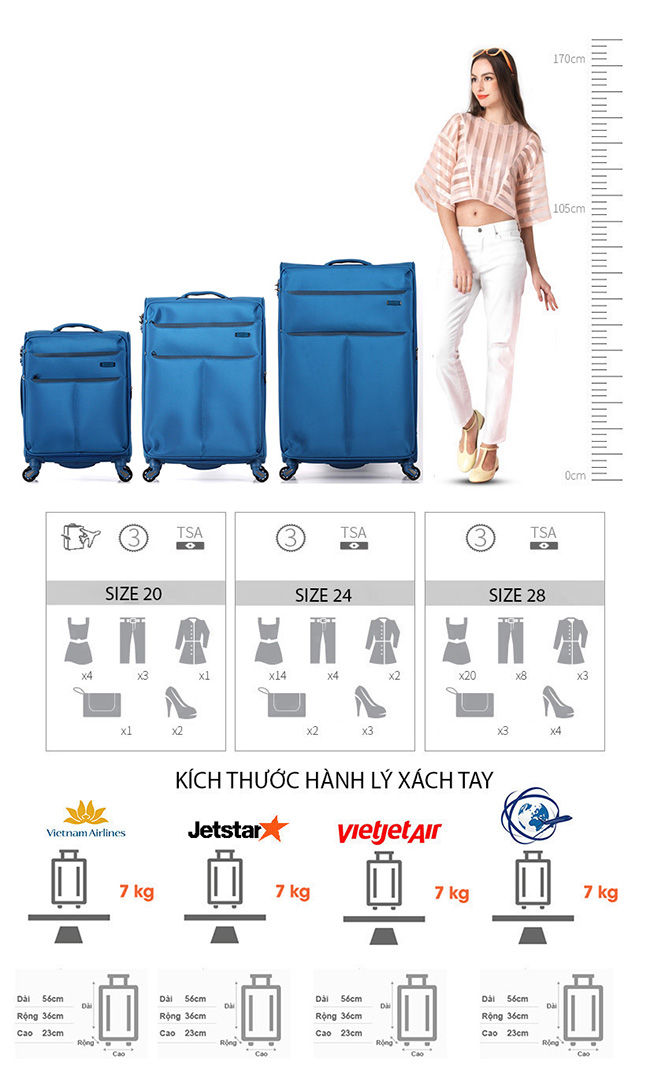 Vali kéo du lịch cỡ trung Lusetti Blue2
