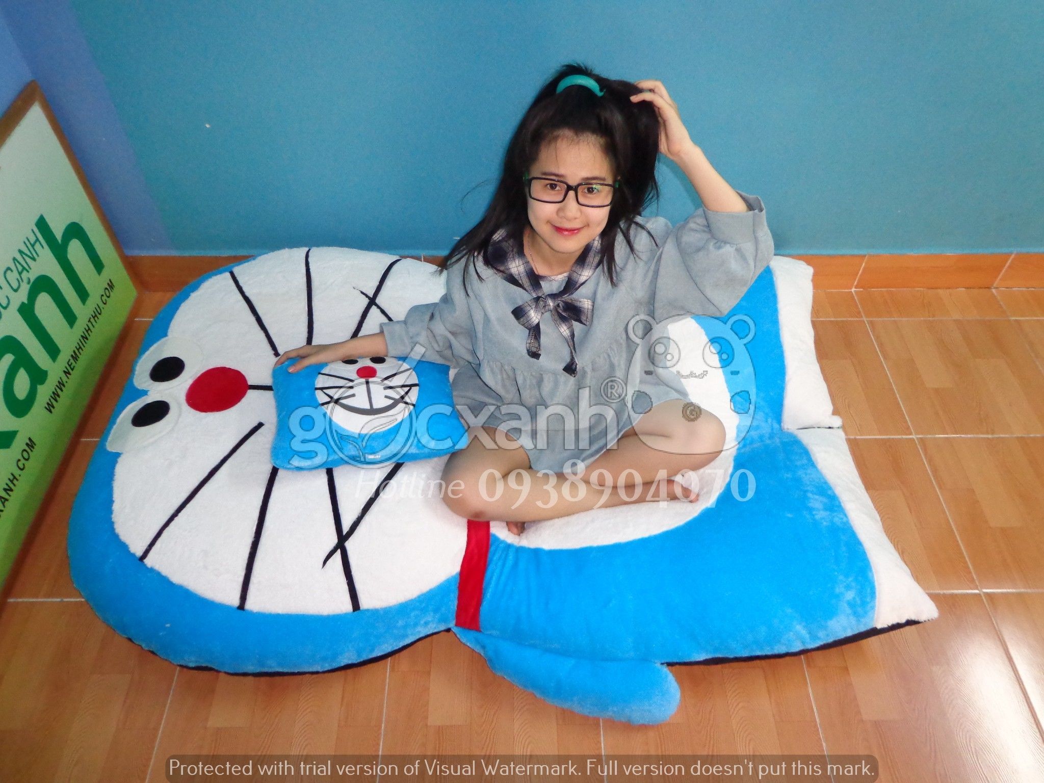 Nệm Doraemon cười mỉm, Không mền, Nhung lạnh, Gối nằm, Gối ôm (1.2 x 1.8m)