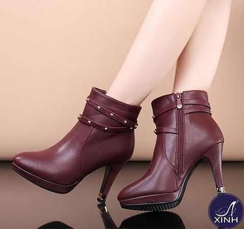 Giày boot nữ da cổ ngắn thời trang màu nâu GBN4701