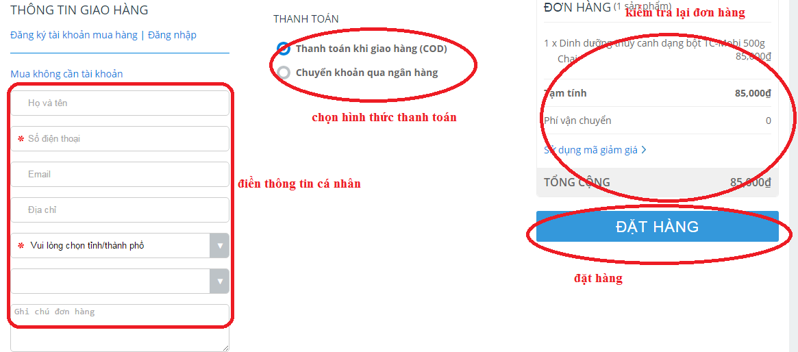 điền thông tin cá nhân và đặt hàng