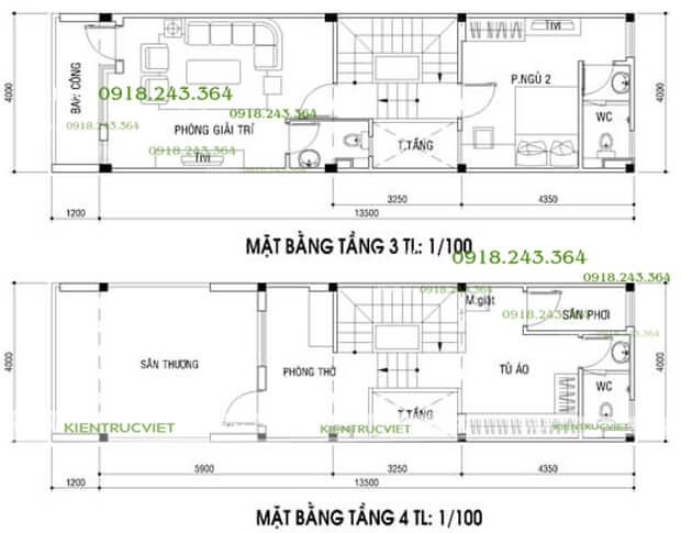 mặt bằng tầng 3 tầng 4 nhà phố 4mx15m lệch tầng