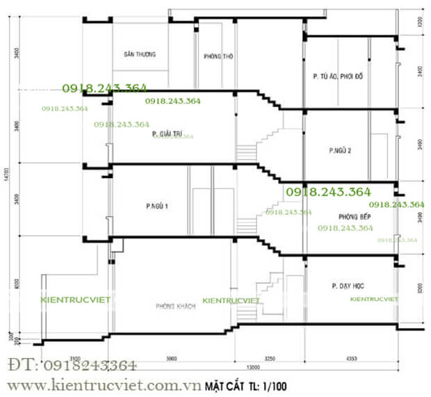 mặt bằng cắt nhà phố 4mx15m lệch tầng
